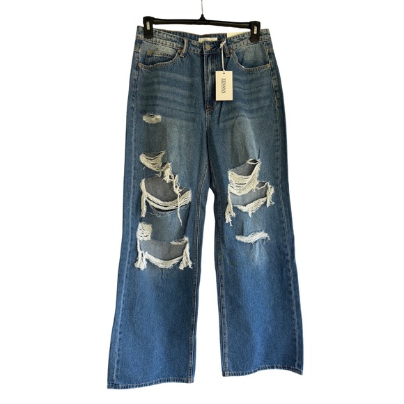 Zenana Outfitters Denim - Zenana Distressed Wide Leg Jeans Medium Wash High Rise Ripped Cotton Size 30